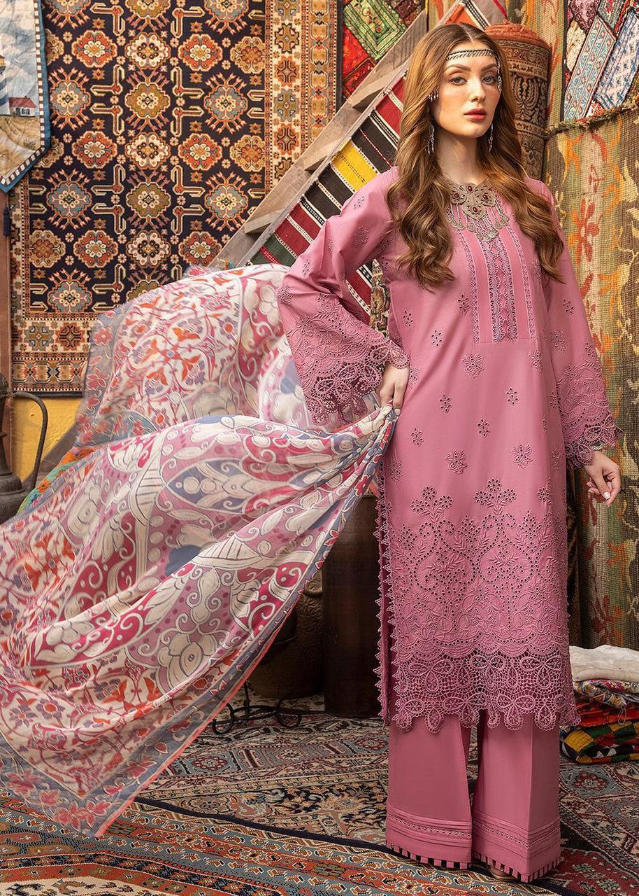 ADAN LIBAS Lawn – Dusty Rose ChikanKari Suit with Cutwork Borders & Silk Dupatta