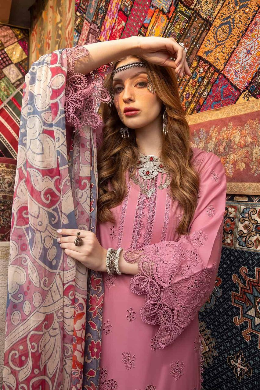 ADAN LIBAS Lawn – Dusty Rose ChikanKari Suit with Cutwork Borders & Silk Dupatta