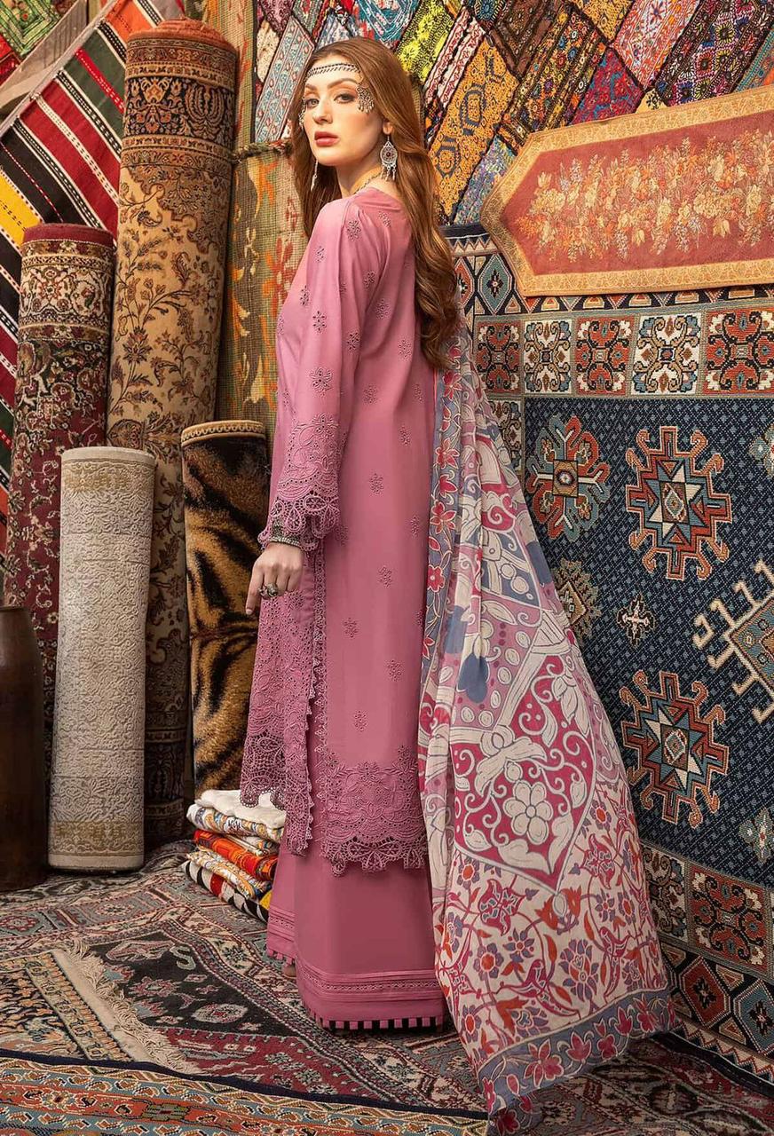 ADAN LIBAS Lawn – Dusty Rose ChikanKari Suit with Cutwork Borders & Silk Dupatta