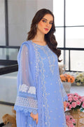 "AZURE 5177 sky blue lawn suit model closeup showing heavy embroidery on neckline and sleeves with cotton net dupatta"