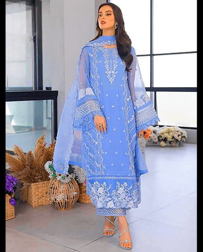 "Full view AZURE 5177 blue embroidered lawn 3-piece suit with heavy daman embroidery and matching dupatta"
