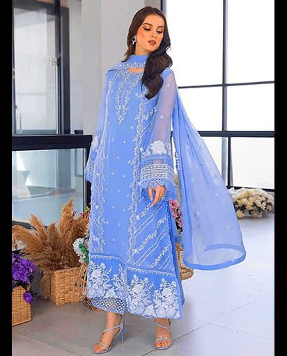 AZURE 5177 blue lawn suit with flowing cotton net dupatta featuring all-over embroidery"