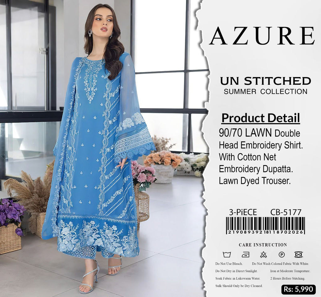 "AZURE 5177 blue lawn suit flat lay showing embroidered front, sleeves, and cotton net dupatta with floral border"