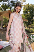 Front view MARIA B Lawn 2026 pink checkered suit with heavy sequin neckline embroidery and matching cambric trousers