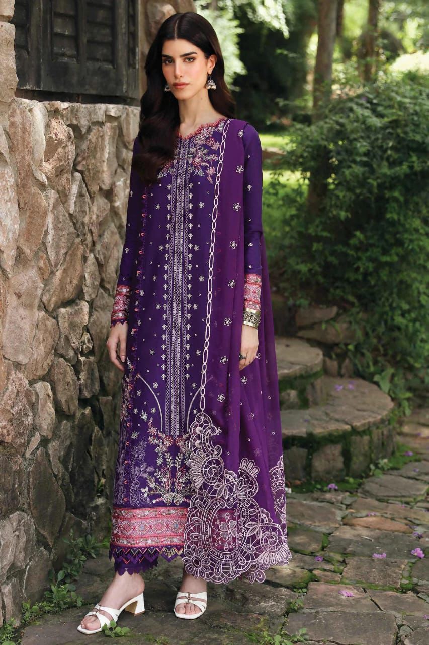 "QALAMQAR purple Schiffli embroidered lawn suit model full view showing intricate front embroidery and chiffon dupatta"