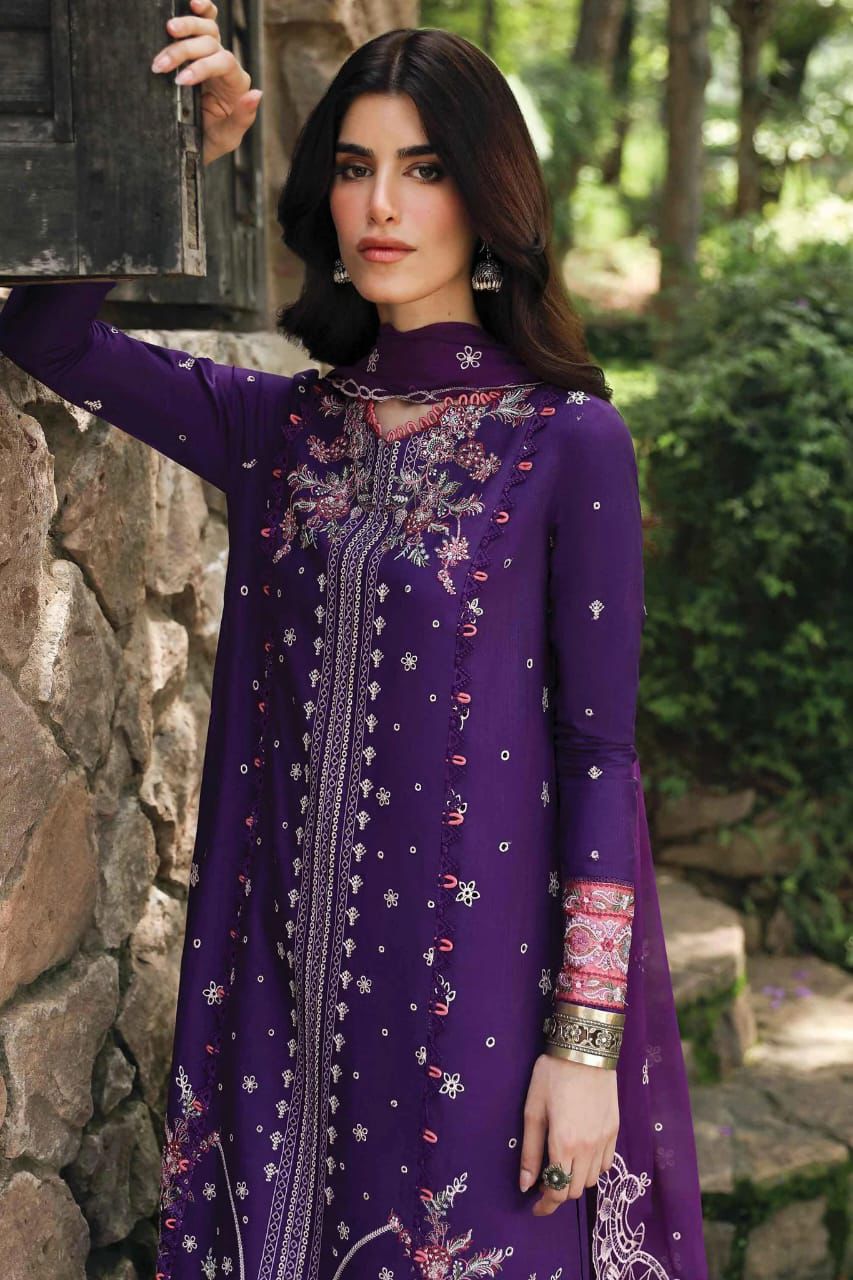 "QALAMQAR purple Schiffli embroidered lawn suit model full view showing intricate front embroidery and chiffon dupatta"