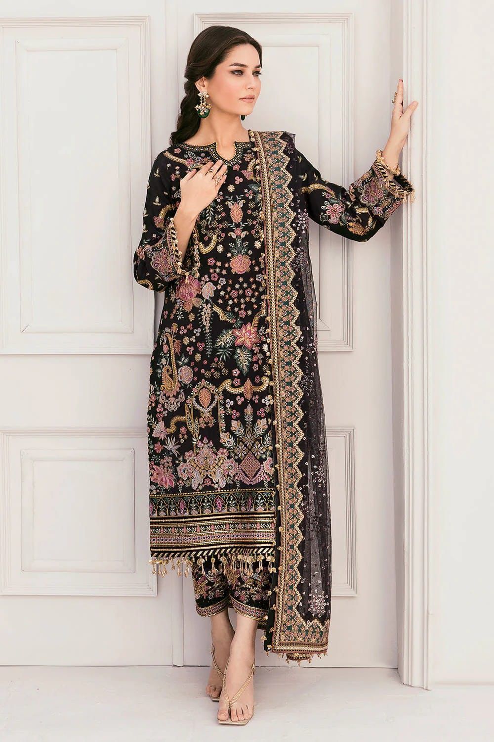 "Full length view of Baroque heavy embroidered black bridal 3-piece suit with net dupatta and embellished trousers"