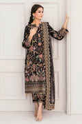 "Full length view of Baroque heavy embroidered black bridal 3-piece suit with net dupatta and embellished trousers"