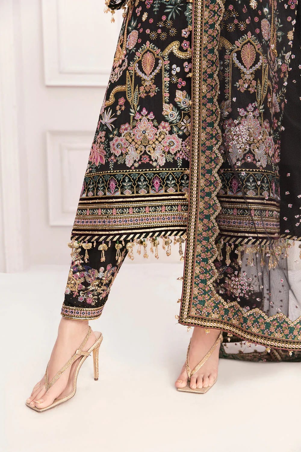 "Baroque black bridal suit embroidered daman border with handmade tassels and matching trouser border detail"