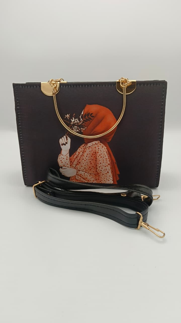 Elegant Metal Handle Tote Bag with Detachable Strap - Artistic Print Ladies Handbag