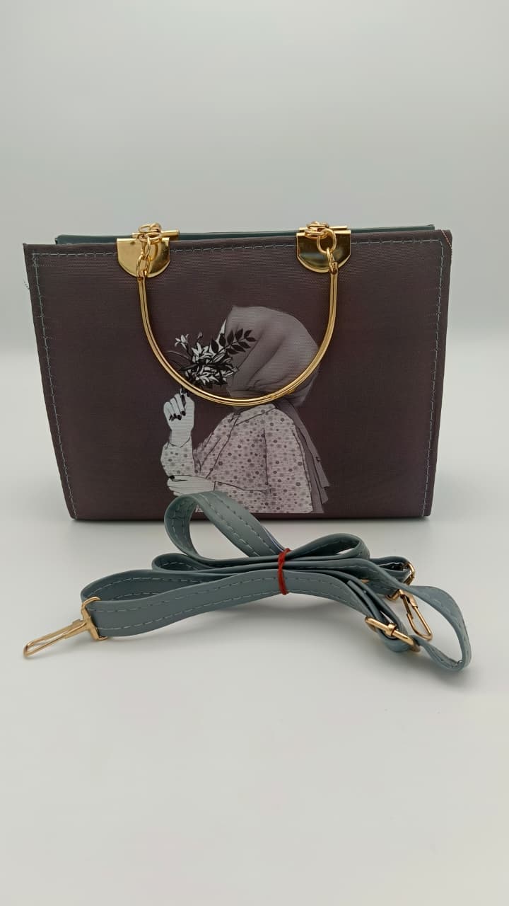 Elegant Metal Handle Tote Bag with Detachable Strap - Artistic Print Ladies Handbag