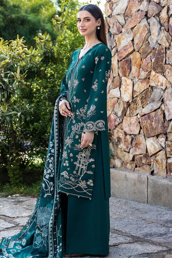 Farasha 6185 green lawn suit with heavy embroidery and printed dupatta